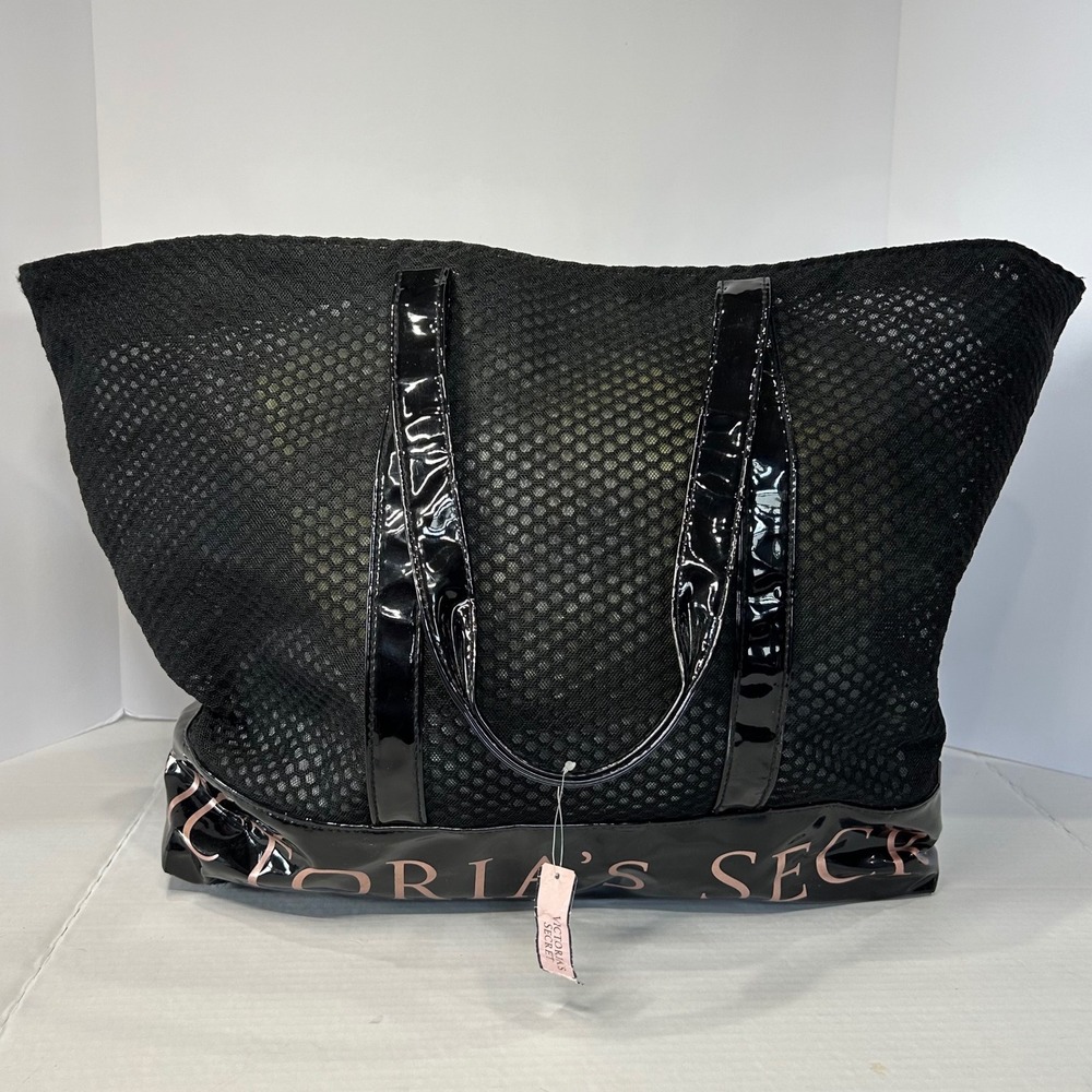 Victorias Secret Black Mesh Tote Bag Zipper Travel Gym Pool Beach Bag New